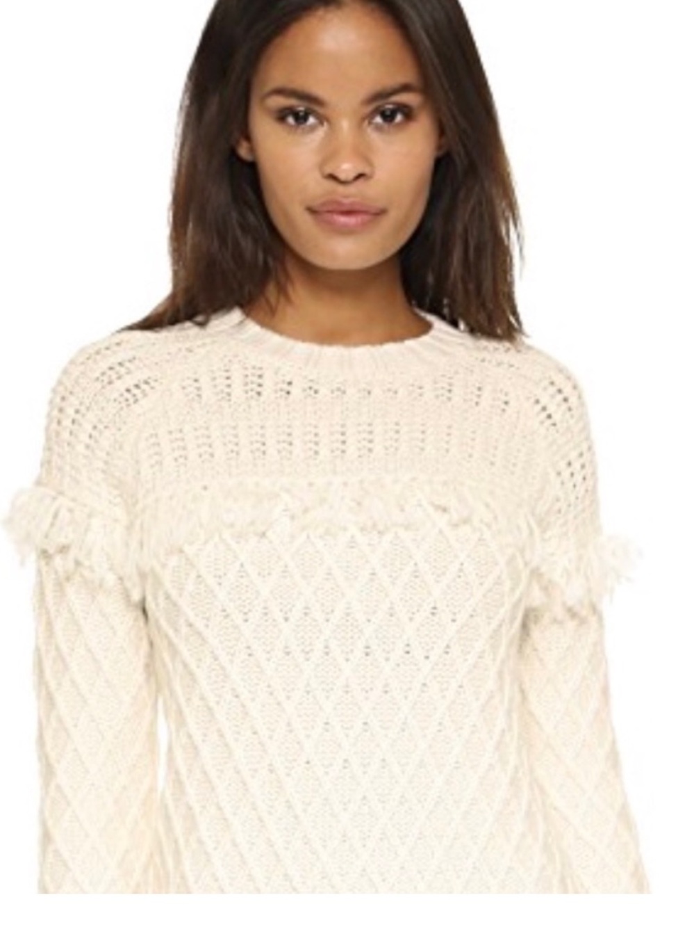Tory Burch Fishermans Fringe Wool Sweater Cream Size Small
